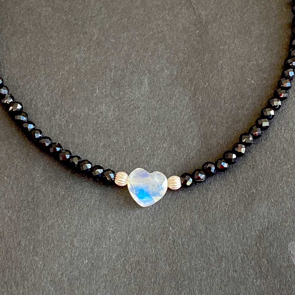 Heart Moonstone Necklace Choker Beaded Black Tourmaline Sterling Silver